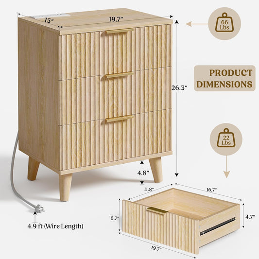 Wood 3 Drawers Dresser Fluted Night Stand with Charging Station, Storage Nightstand Modern Side Table, Bedside Table for Bedroom, Entryway Natural