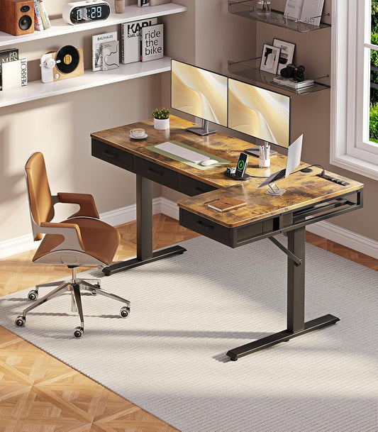 63 Inch L Shaped Electric Standing Desk with Drawers, Height Adjustable Large Desk with Power Outlets, Sit Stand Table, Writing Computer Desk for Home, Office, Workstation, Rustic Brown