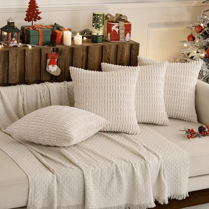 Pack of 4 Cream White Corduroy Christmas Decorative Throw Pillow Covers 18X18 Inch Soft Boho Striped Pillow Covers Modern Farmhouse Home Decor for Sofa Living Room Couch Bed