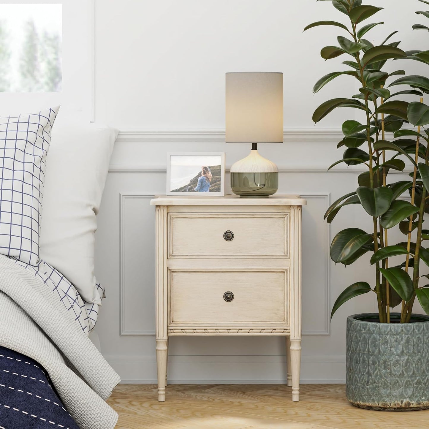 Farmhouse 2 Drawer Nightstand with Hidden Drawer, Antique Finish, Solid Pine Wood with MDF Drawers, Almost Fully Assembled, Cream White