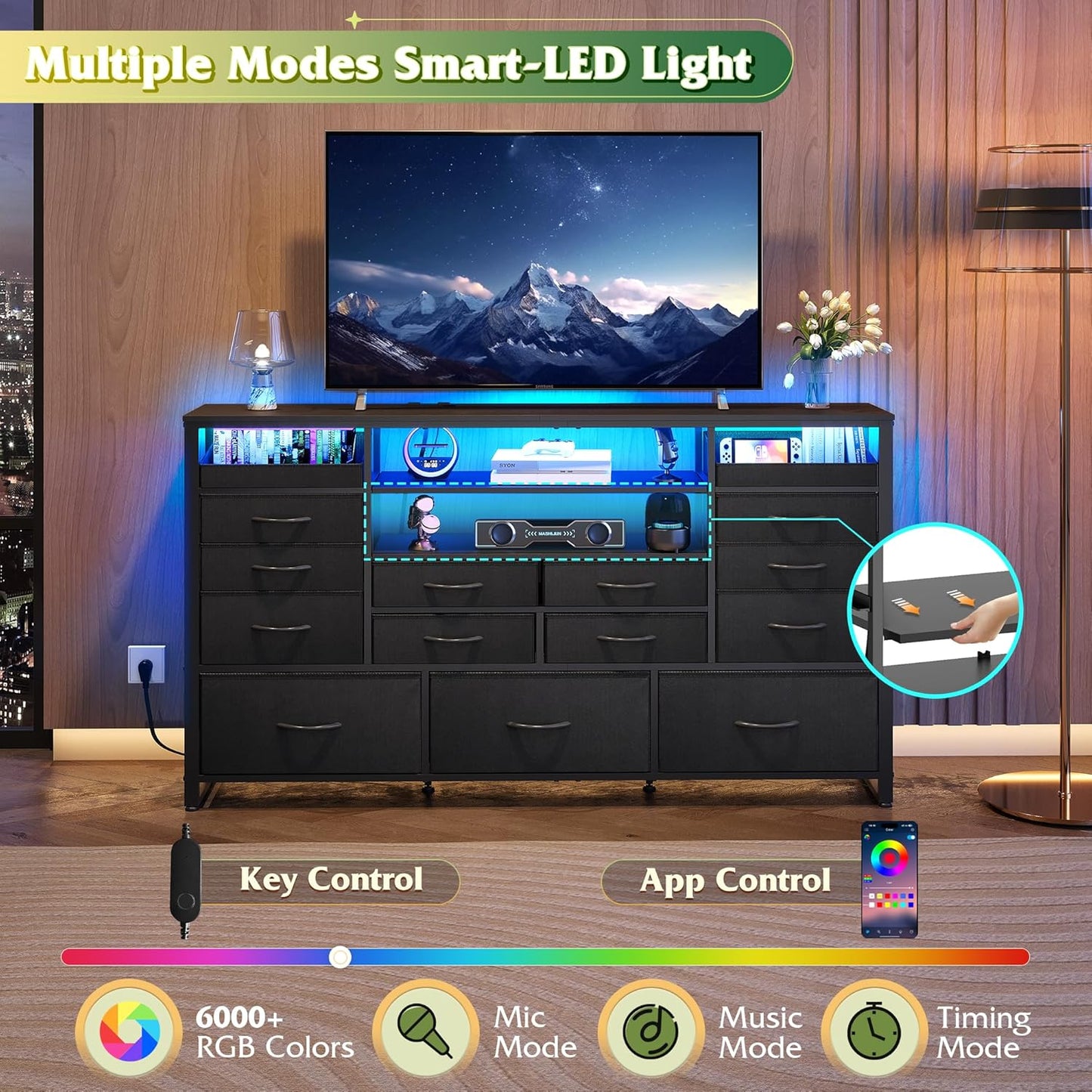 Black TV Stand for 55, 60, 65 Inch TV, Entertainment Center with LED Lights & Charging Station, TV Media Console Table with 15 Fabric Drawers and Open Shelves for Living Room, Hallway, Wood Topm