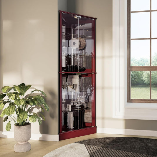 Lighted Corner Display Curio Cabinet Wooden Shelving Unit with Tempered Glass Door, Bar and Liquor Storage Area with 6 Shelves - Woody (Cherry)