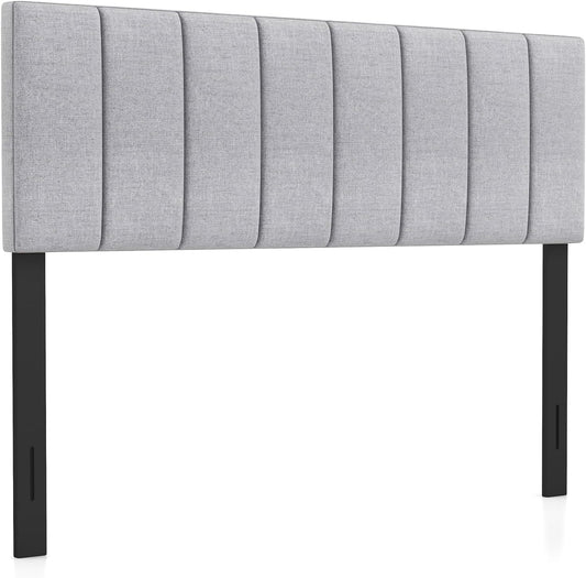 Linen Upholstered Headboard for Full & Queen Size Bed, Vertical Channel Tufted Rectangular Headboard with Solid Wood Legs & Adjustable Width, Padded Bed Backboard, Easy Assembly (Gray)