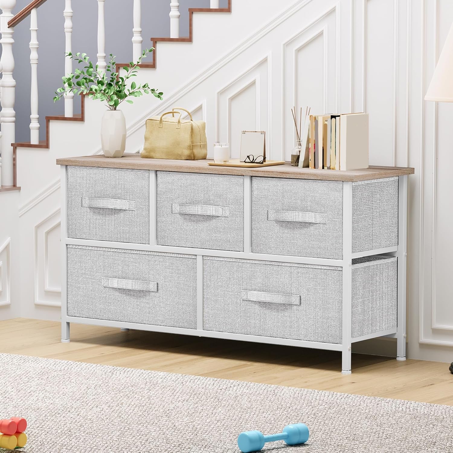 Dresser with 5 Drawers - Fabric Storage Tower, Organizer Unit for Bedroom, Living Room, Closets - Sturdy Steel Frame, Wooden Top