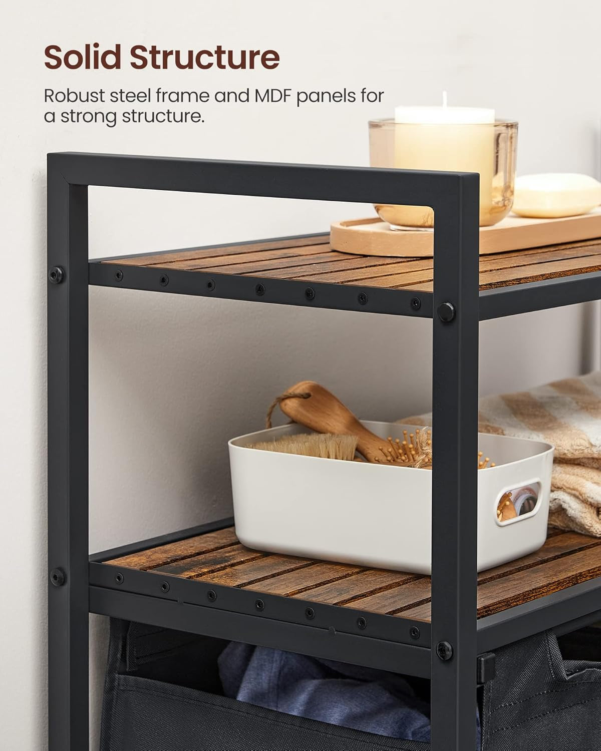 Laundry Hamper, Laundry Basket, Laundry Sorter with 2 Pull-Out and Removable Bags, 2 Shelves, 12.1 Gal (46L) Capacity per Bag, for Laundry Room, Rustic Brown and Black UBLH211B01