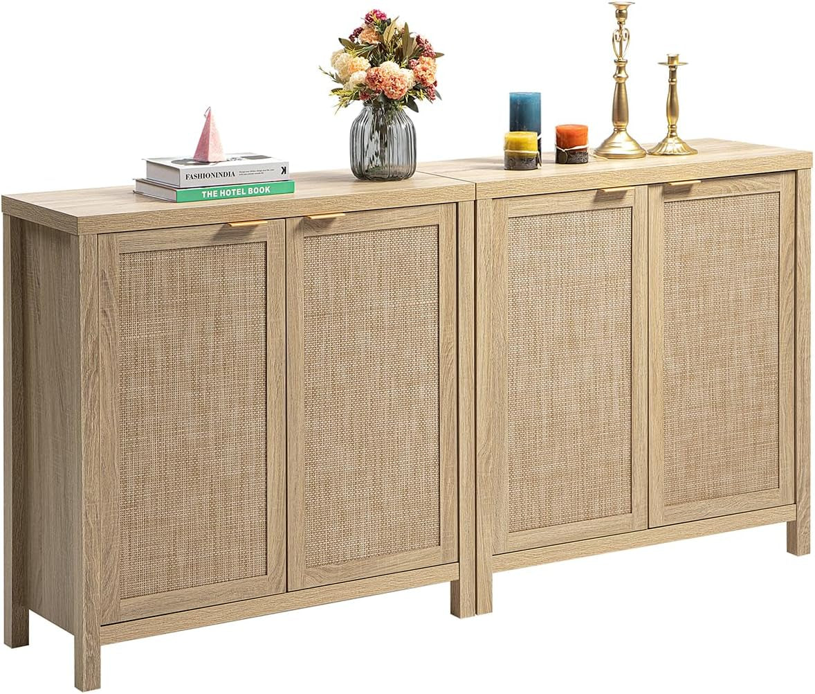 Rattan Sideboard Buffet Cabinet with Large Storage : Boho Credenza Coffee Bar Cabinet with Adjustable Shelves, Farmhouse Console Table for Kitchen, Living Room, Entryway, Natural, 2 Pieces
