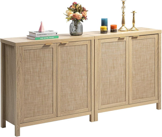 Rattan Sideboard Buffet Cabinet with Large Storage : Boho Credenza Coffee Bar Cabinet with Adjustable Shelves, Farmhouse Console Table for Kitchen, Living Room, Entryway, Natural, 2 Pieces