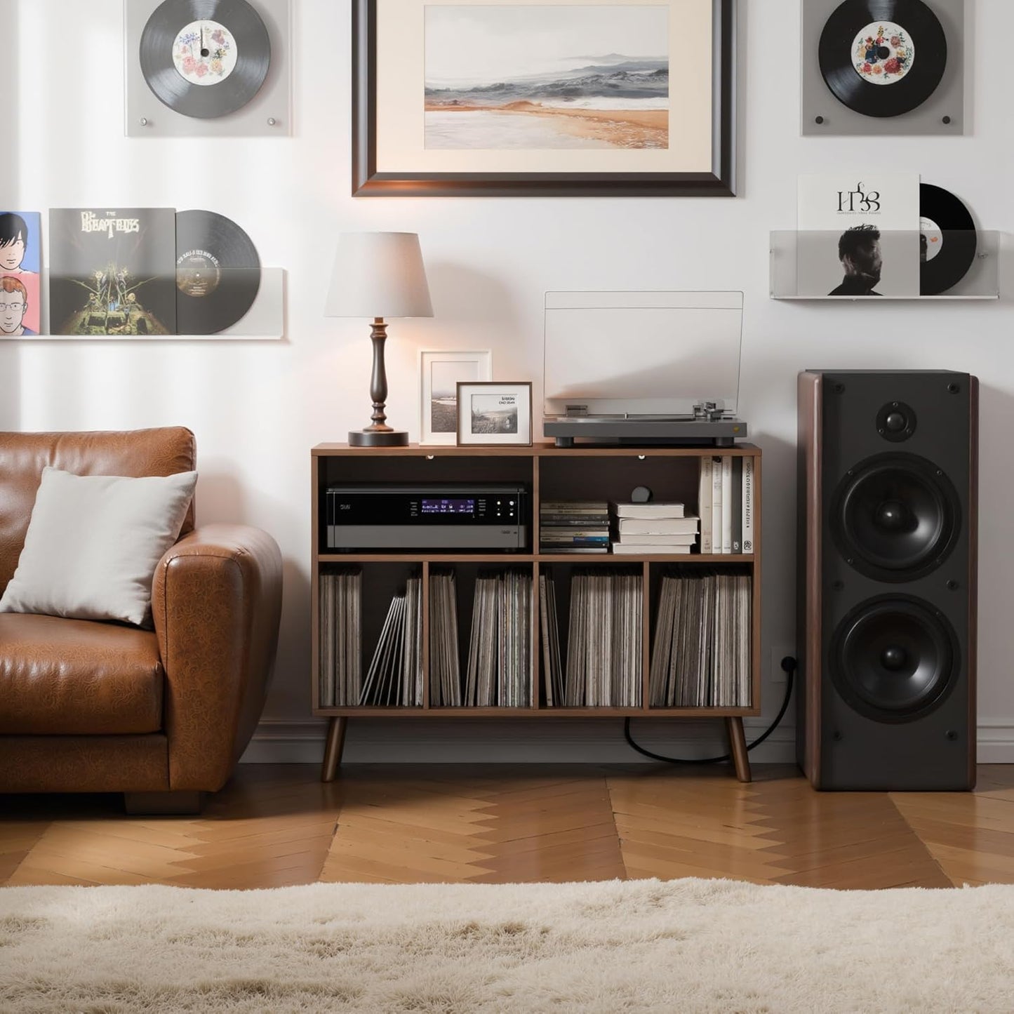 Record Player Stand with Vinyl Storage Cabinet, Wood Turntable Table Open Shelf Holder up to 350 Albums Cube Storage Organizer for Living Room, Office, Brown
