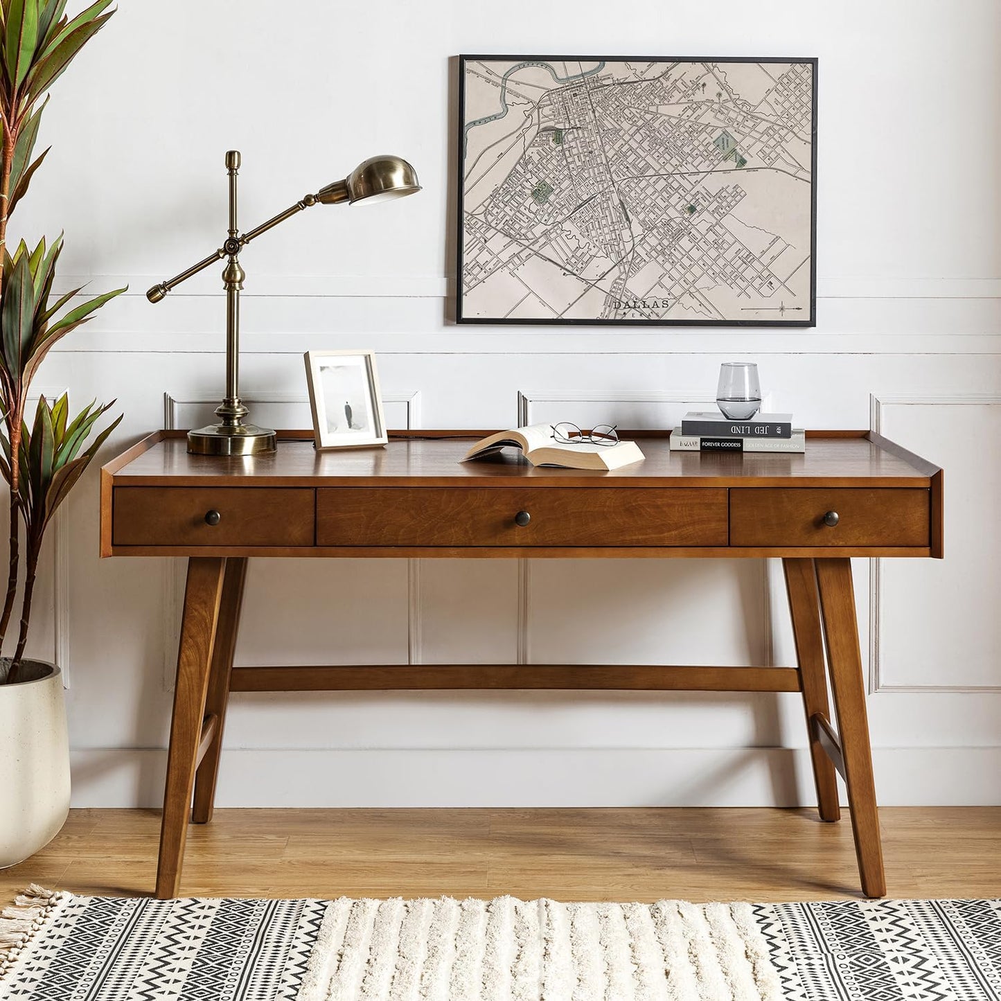 Home Office Desk with 3 Drawers & Solid Wood Legs, Writing Table with Charging Station & Cable Management, Mid Century Modern Desk for Bedroom/Living Room/Study/Workstation, Walnut