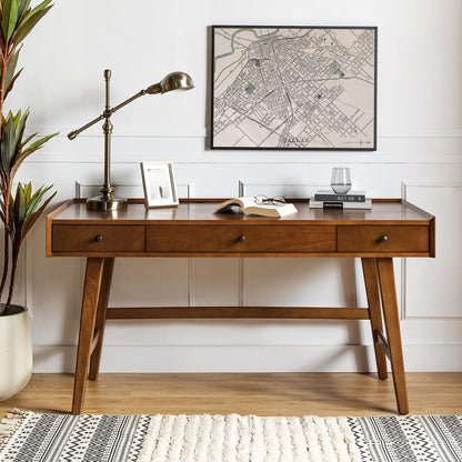 Home Office Desk with 3 Drawers & Solid Wood Legs, Writing Table with Charging Station & Cable Management, Mid Century Modern Desk for Bedroom/Living Room/Study/Workstation, Walnut