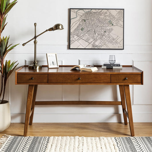 Home Office Desk with 3 Drawers & Solid Wood Legs, Writing Table with Charging Station & Cable Management, Mid Century Modern Desk for Bedroom/Living Room/Study/Workstation, Walnut
