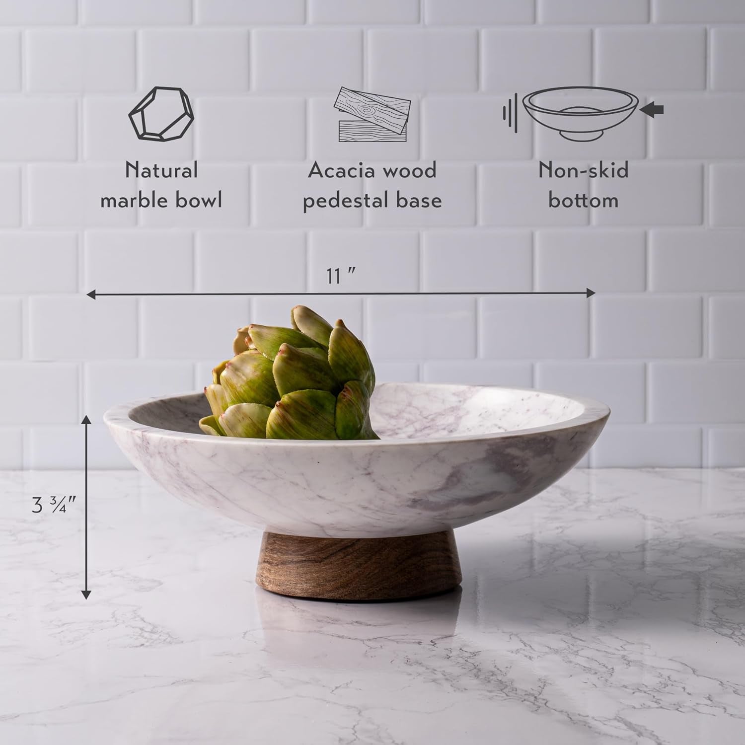 Marble Decorative Bowl for Home Decor - Handcrafted Natural Stone with Acacia Wood Pedestal - Versatile 11" Catch All for Entryway, Kitchen Fruit Bowl, Potpourri, Dining Table Centerpiece