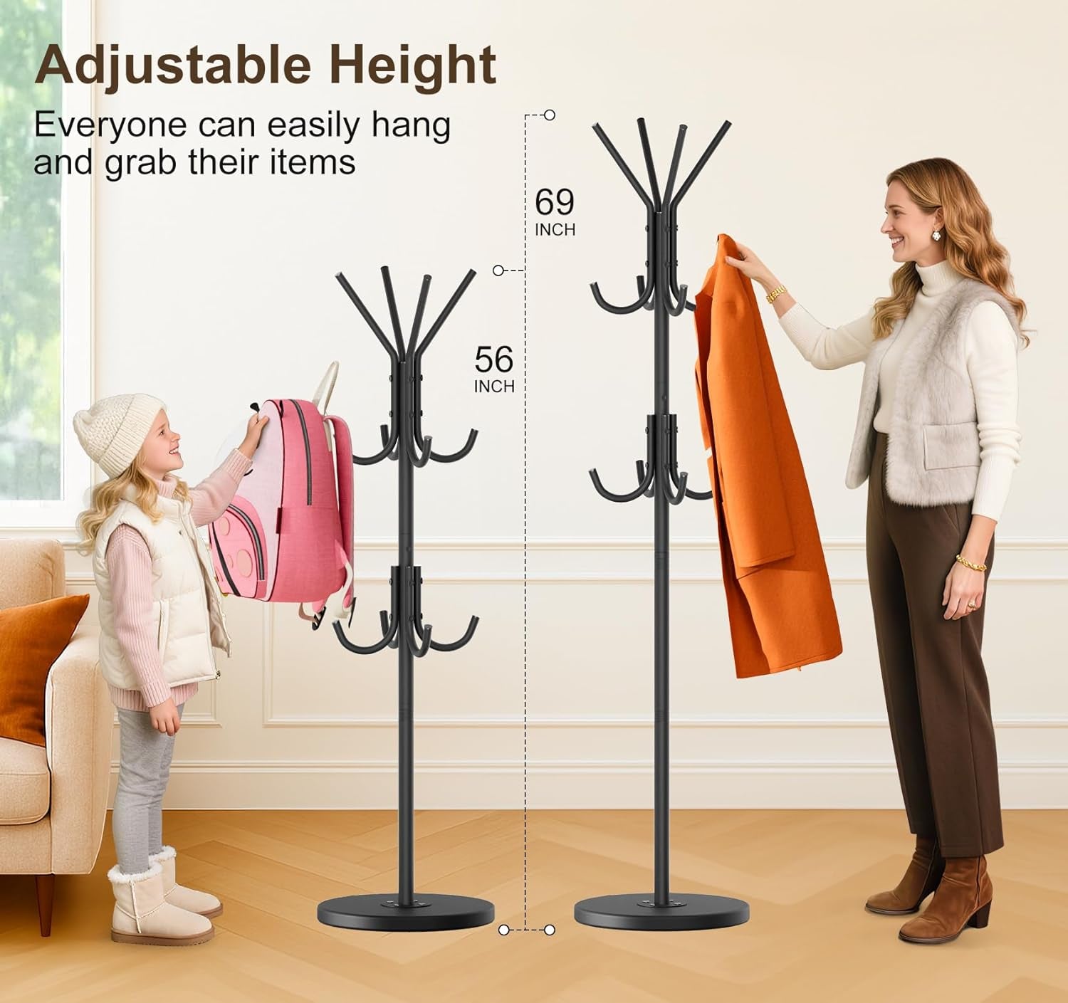 Heavy Duty Coat Rack Freestanding with Stable Wood Base Modern Black Coat Tree with 12 Hooks Adjustable Coats Hanger Stand Stylish Standing Clothes Tree for Entryway Bedroom Corner Hall