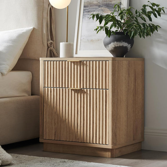 23'' Fluted Nightstand with Charging Station, Large 2 Drawer Bedside Table, Modern End Table with Storage, Mid Century Night Stand for Bedroom, Living Room, Curved Profile, Natural Oak