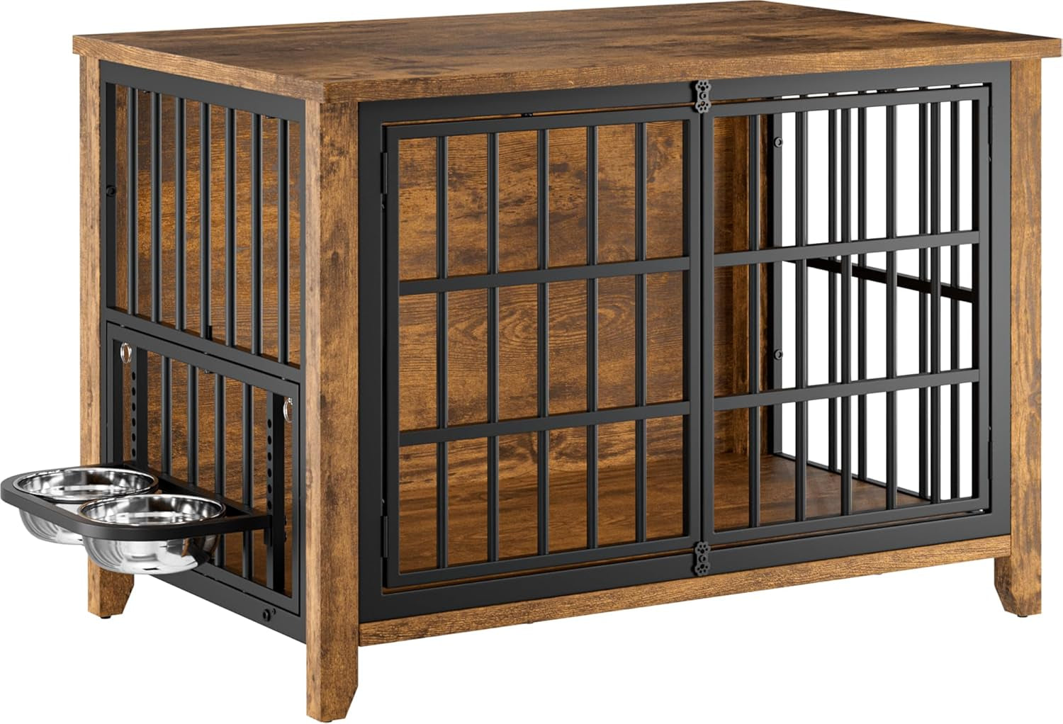 Wooden Dog Crate Furniture, Large Dog Kennel Indoor with 360°& Adjustable Raised Dog Bowls, Double Doors Furniture Dog Crates End Table for Large/Medium Dogs 37.8" L*23.6" W*27" H, Brown