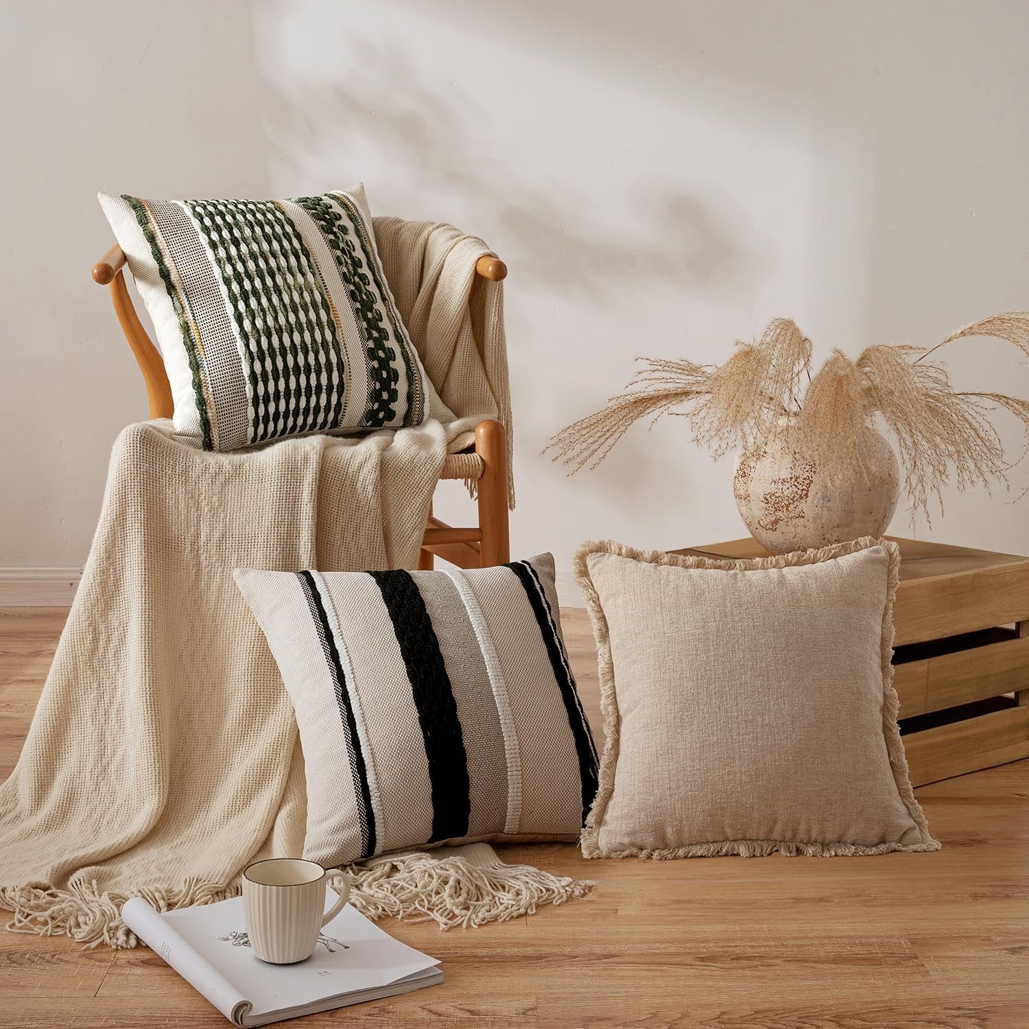 Pack of 2 Boho Decorative Throw Pillow Covers 18X18 Farmhouse Cushion Case Striped Chenille Pillow Cases Square Pillow Covers Accent Neutral Pillowcase for Sofa Couch Bed, Olive Green Stripe