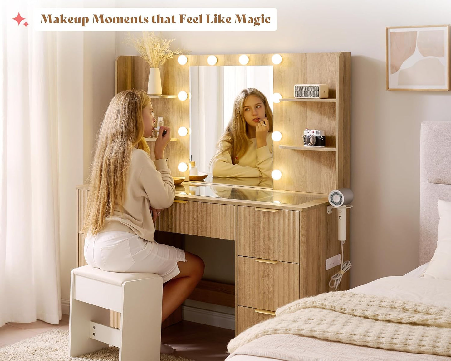 47.2" Fluted Vanity Desk with Mirror and Adjustable LED Lights, Large 7 Drawers Makeup Vanity Table with Glass Top and Charging Station for Women and Girls, Bedroom or Dorm, Natural Oak