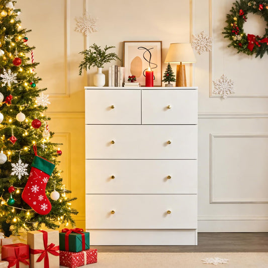White 5 Drawer Dresser for Bedroom, Tall Dresser Chest of Drawers, Rustic Wood Bedroom Dressers Clothes Organizer, Anti-Tipping Device, Rose Gold Metal Handle, Living Room, Entryway, Office