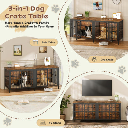 80" Heavy Duty Dog Crate Furniture with Rustic Wood Top - 3-In-1 Large Indoor Dog Kennel End Table & TV Stand, Double Door Pet House for Medium/Large Dogs (Up to 150Lbs), Easy Assembly