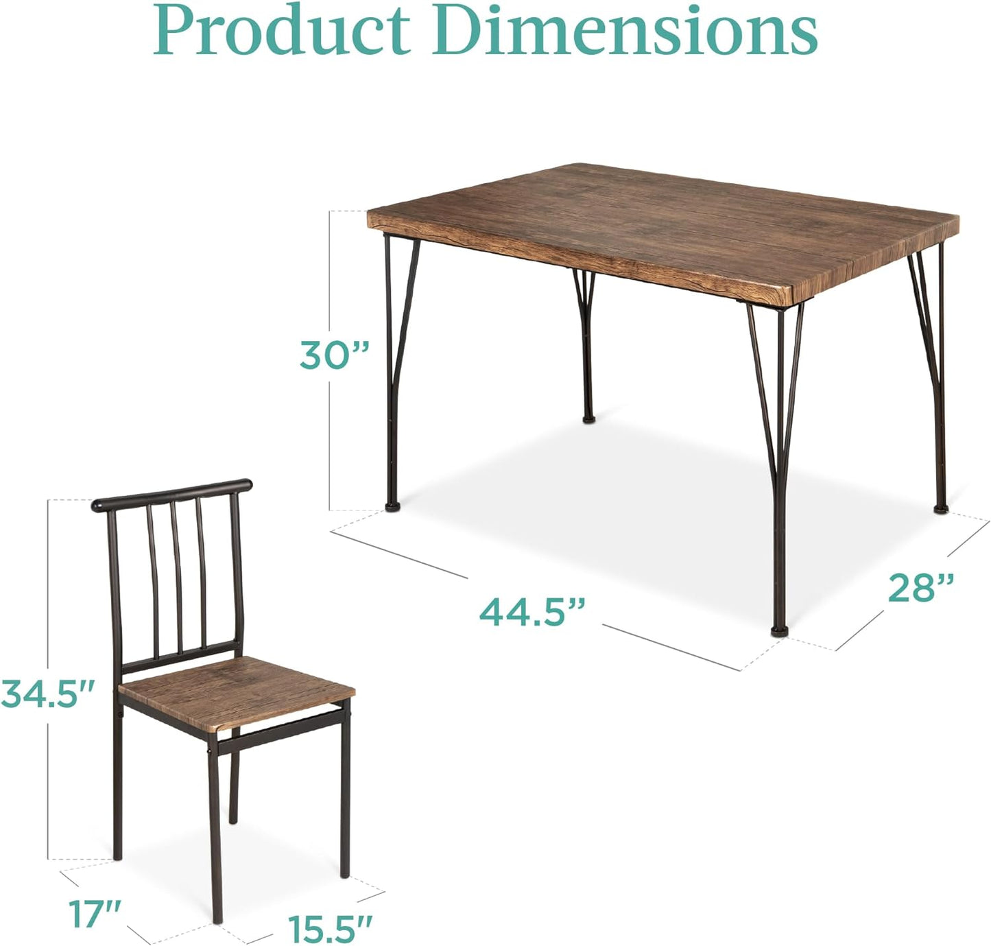 5-Piece Metal and Wood Indoor Modern Rectangular Dining Table Furniture Set for Kitchen, Dining Room, Dinette, Breakfast Nook W/ 4 Chairs - Drift Brown