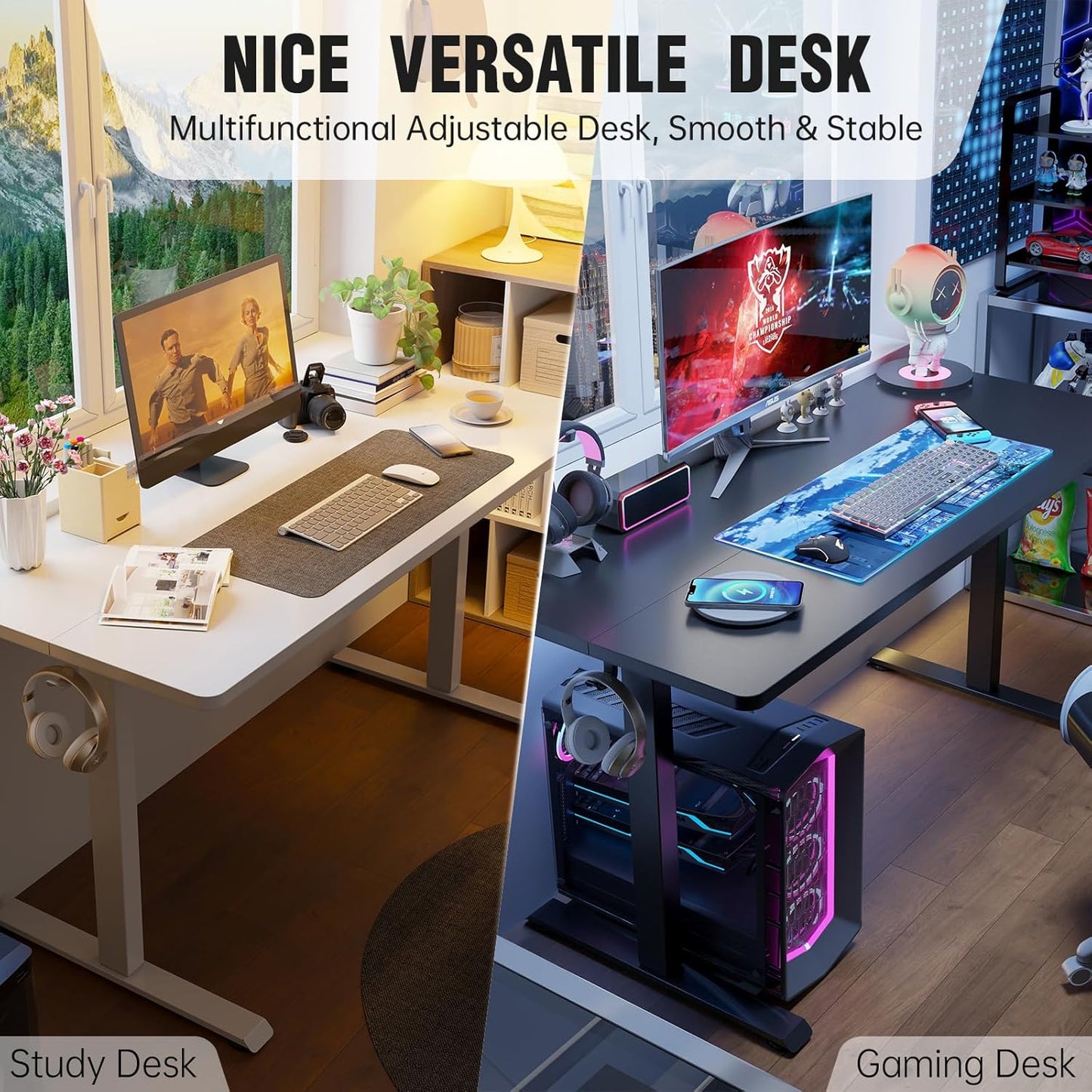 55 Inch Large Electric Standing Desk,Sit to Stand Up, Heights Adjustable, Work Home Office Computer Table for Study, Walking Pad, Writing, and Games, Wooden Desktop Desks, White