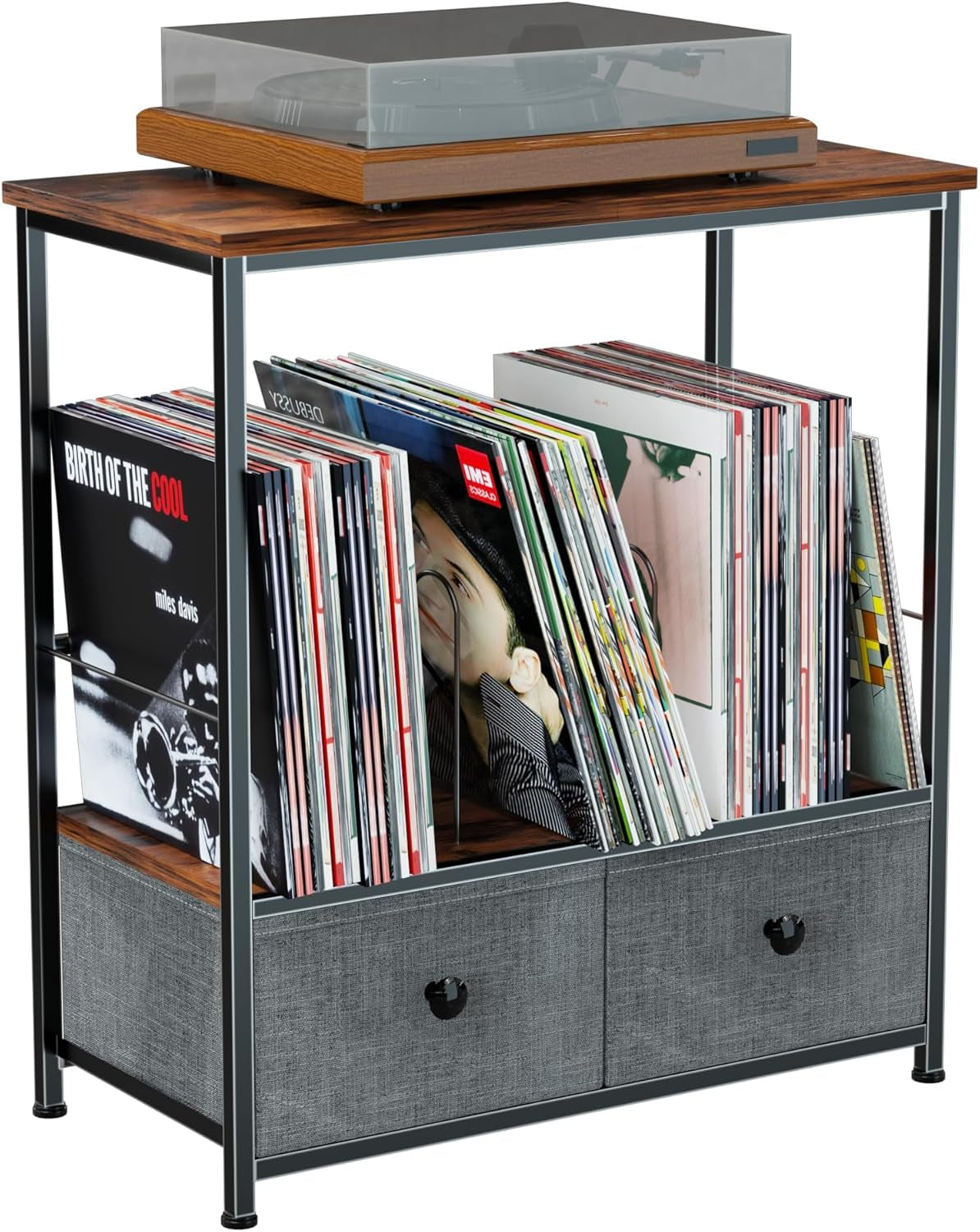 Record Player Stand with Vinyl Storage, 2-Tier Record Shelf Table with Fabric Drawer, Holds up to 110 Vinyl Records, Record Player Table for Turntable and Albums, 23.62"D × 11.81" W× 25.59"H