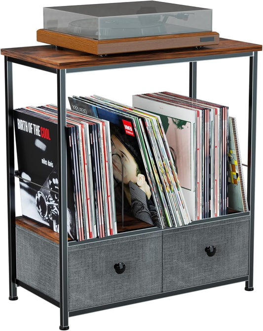 Record Player Stand with Vinyl Storage, 2-Tier Record Shelf Table with Fabric Drawer, Holds up to 110 Vinyl Records, Record Player Table for Turntable and Albums, 23.62"D × 11.81" W× 25.59"H