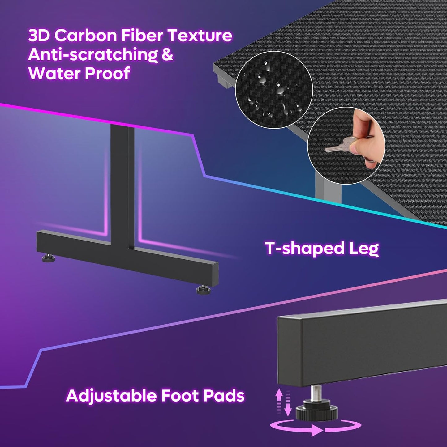 42 Inch Gaming Desk with LED Lights, Small Computer Gaming Table with Monitor Shelf, Gamer Desk with Headphone Hook, Kids Boys Computer Table with Black Carbon Fiber Texture