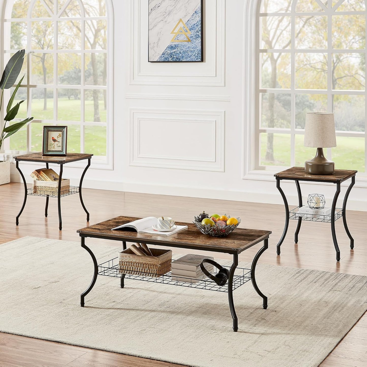 3 Pieces Living Room Table Sets, Coffee and End Tables with Open Storage Shelves for Apartment, Home Office, Small Space, Easy Assembly, Brown