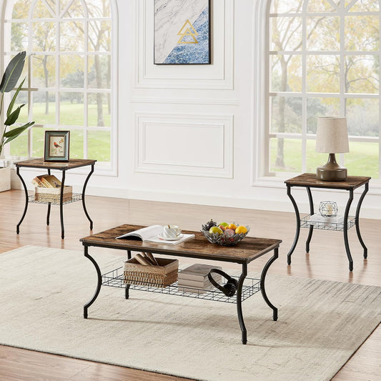 3 Pieces Living Room Table Sets, Coffee and End Tables with Open Storage Shelves for Apartment, Home Office, Small Space, Easy Assembly, Brown