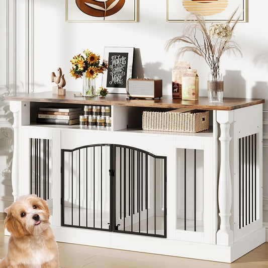 63" Large Dog Crate Furniture for 2 Dogs, Roman Column Kennel Furniture with Open Storage for Small and Medium Dogs, Dog Cage Table TV Stand, Heavy Duty Dog Kennel Entertainment Center