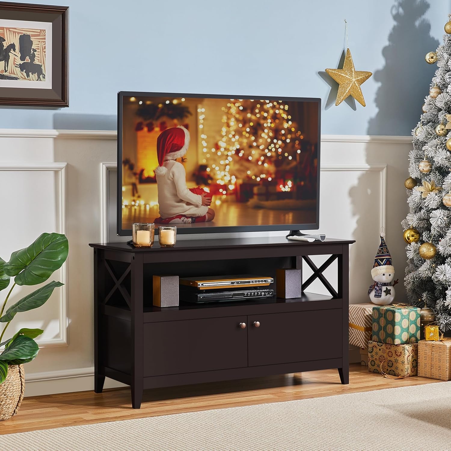 Wooden TV Stand for Tvs up to 48 Inch, Media Entertainment Center Table, TV Cabinet Table with Storage Open Shelf & 2 Doors for Living Room, Espresso
