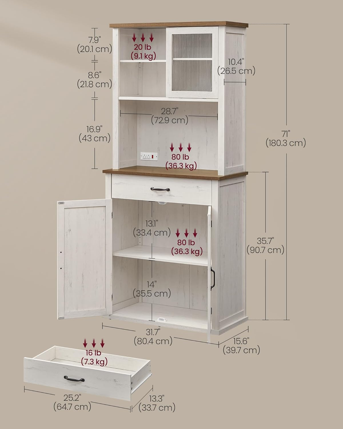 71" Kitchen Pantry Cabinet with Lights and Charging Station, Coffee Bar Cabinet with Doors and Drawer, Farmhouse Style, Adjustable Shelves, Cloud White UBBK363W11