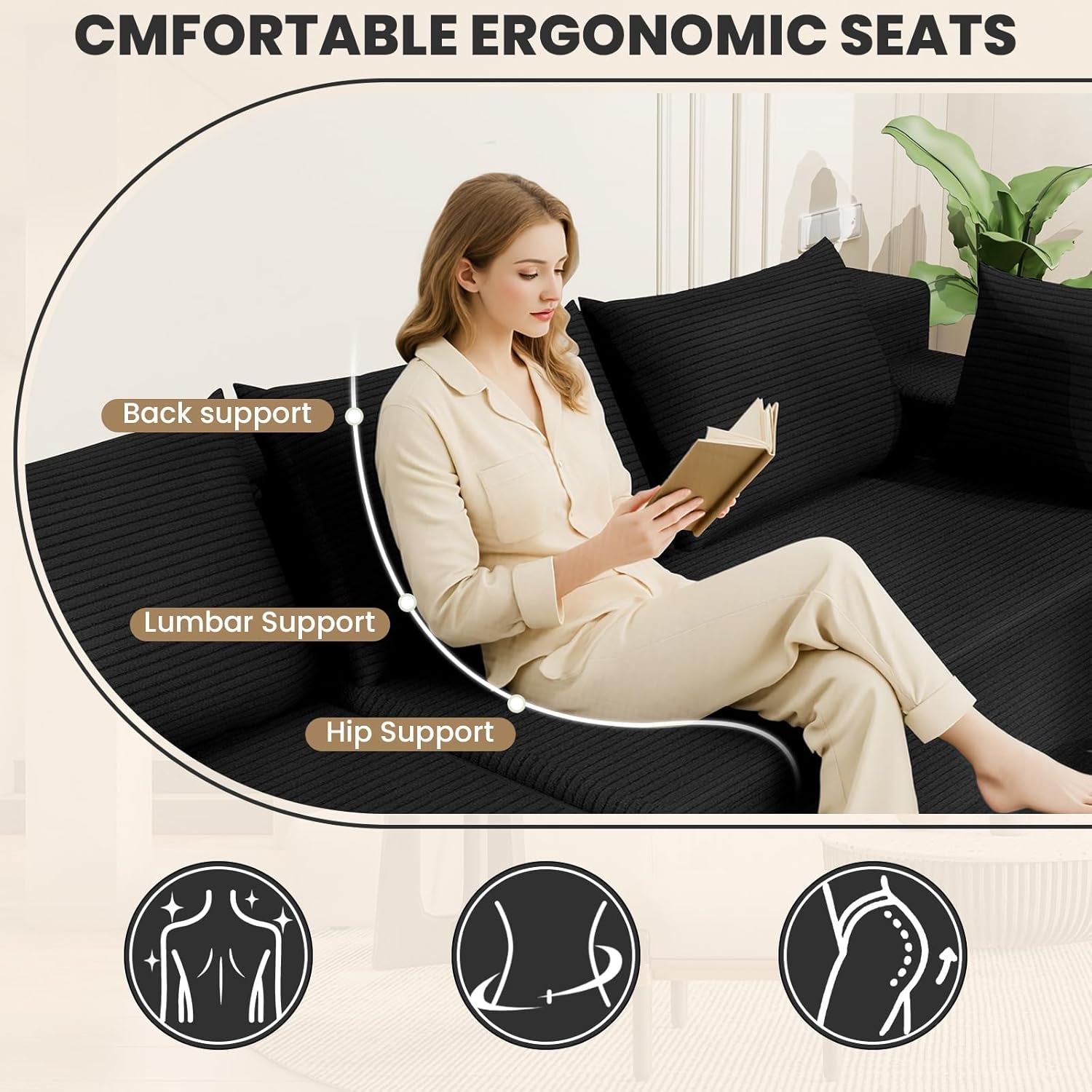 106" Cloud Sectional Couch with Deep Seat，Modern Modular Sofa with L-Shape Chaise，No Assembly Required, Upholstered Couches for Living Room Bedroom(Black,Left Facing Chaise)