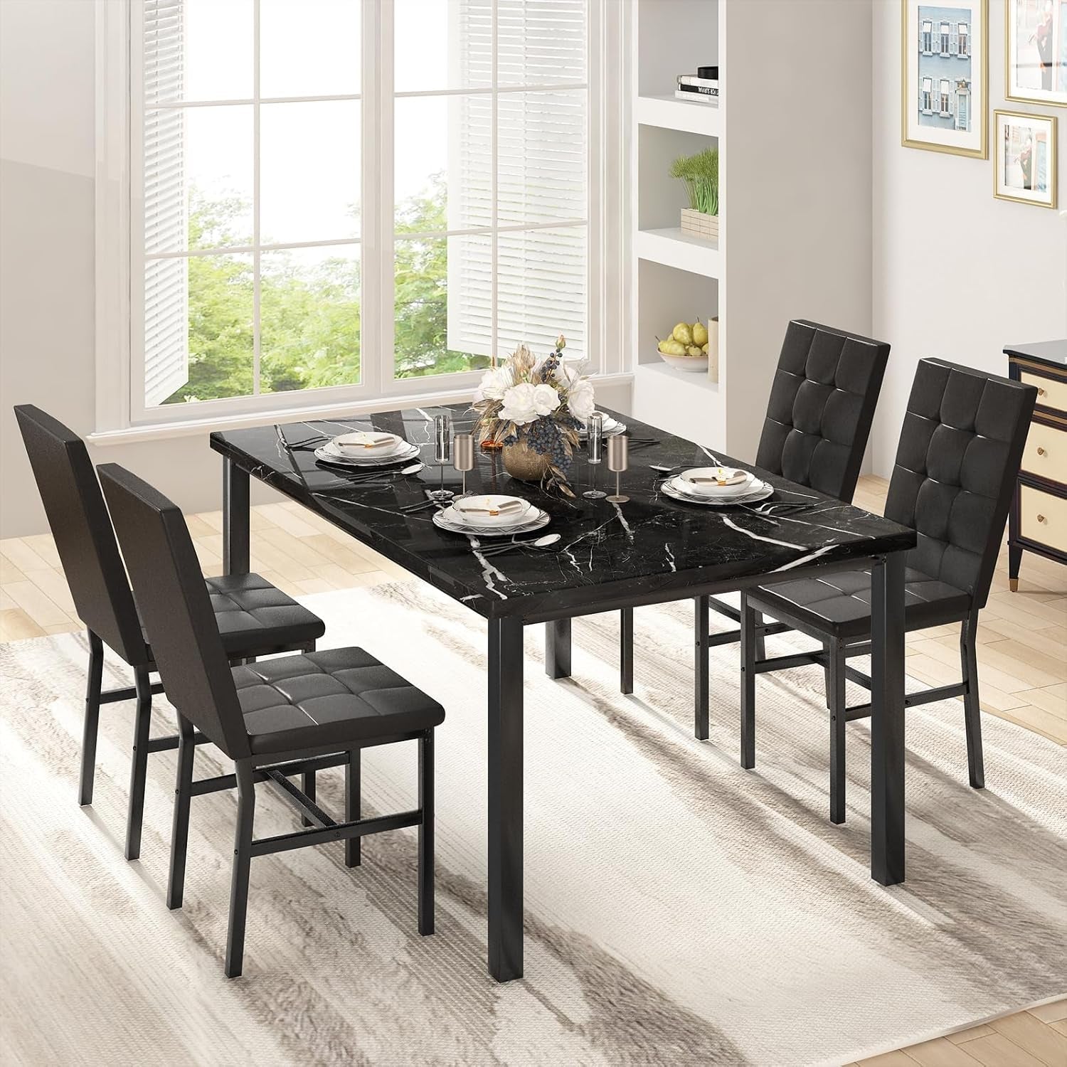 Kitchen Table Set 5 Piece Dining Room Table Set Marble Dining Table 4 Chair Dining Table Set for Kitchen Living Room Breakfast Small Spaces (Black)