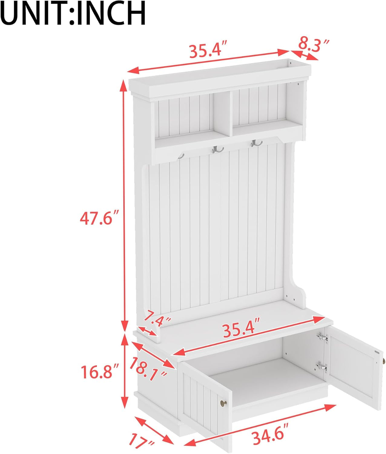Hall Tree with Bench and Shoe Storage Shelf, Wood Hall Tree with 3 Hooks/Mudroom Bench with Storage and Hooks, Wood Hall Trees for Entryway, Hallway, Living Room, White