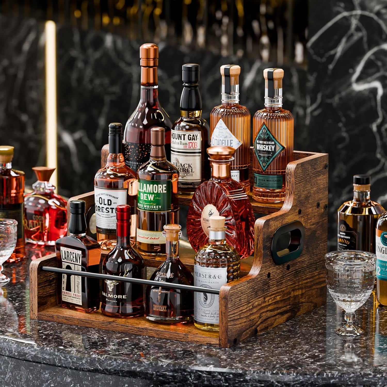Liquor Bottle Display Shelf, Coffee Syrup Rack Organizer, 3 Step Countertop Wine Rack, Mini Bar, Retro Bar Shelf Stand for Whiskey, Spirits