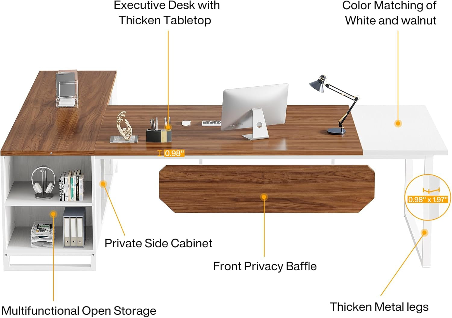 70.8" L-Shaped Executive Desk with 55" File Cabinet, Large Home Office Computer Desk with Storage Shelves and Cabinet, Modern Business Furniture Set Home Office, Walnut White