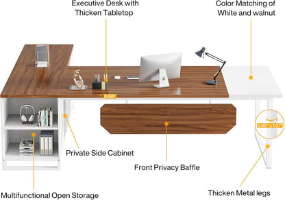 70.8" L-Shaped Executive Desk with 55" File Cabinet, Large Home Office Computer Desk with Storage Shelves and Cabinet, Modern Business Furniture Set Home Office, Walnut White