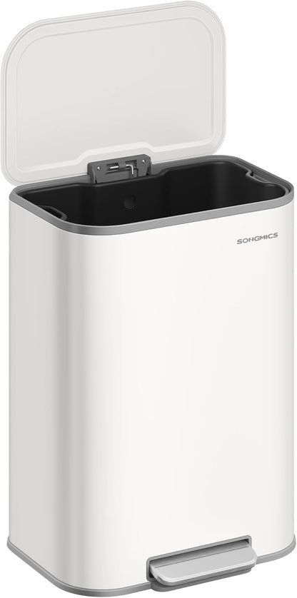 Kitchen Trash Can, 13-Gallon (50 L) Garbage Can with Lid, Stainless Steel, Soft Close and Stays Open, Inner Bucket, Wide Non-Slip Pedal, Cloud White ULTB547W01