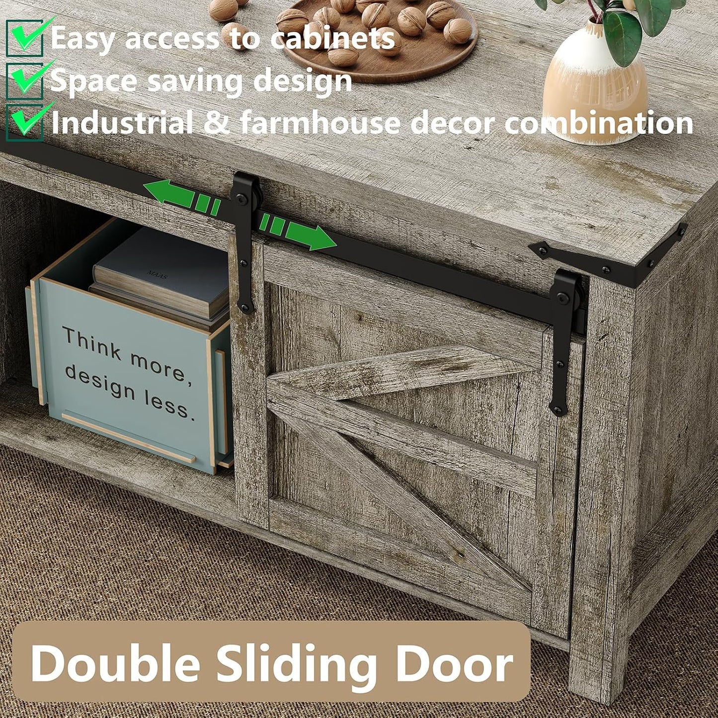 Lift Top Coffee Table, 47.3'' Farmhouse Coffee Table with Large Hidden Storage Compartment & Sliding Barn Doors, Wood Modern Rectangle Table for Home, Office, Rustic Grey