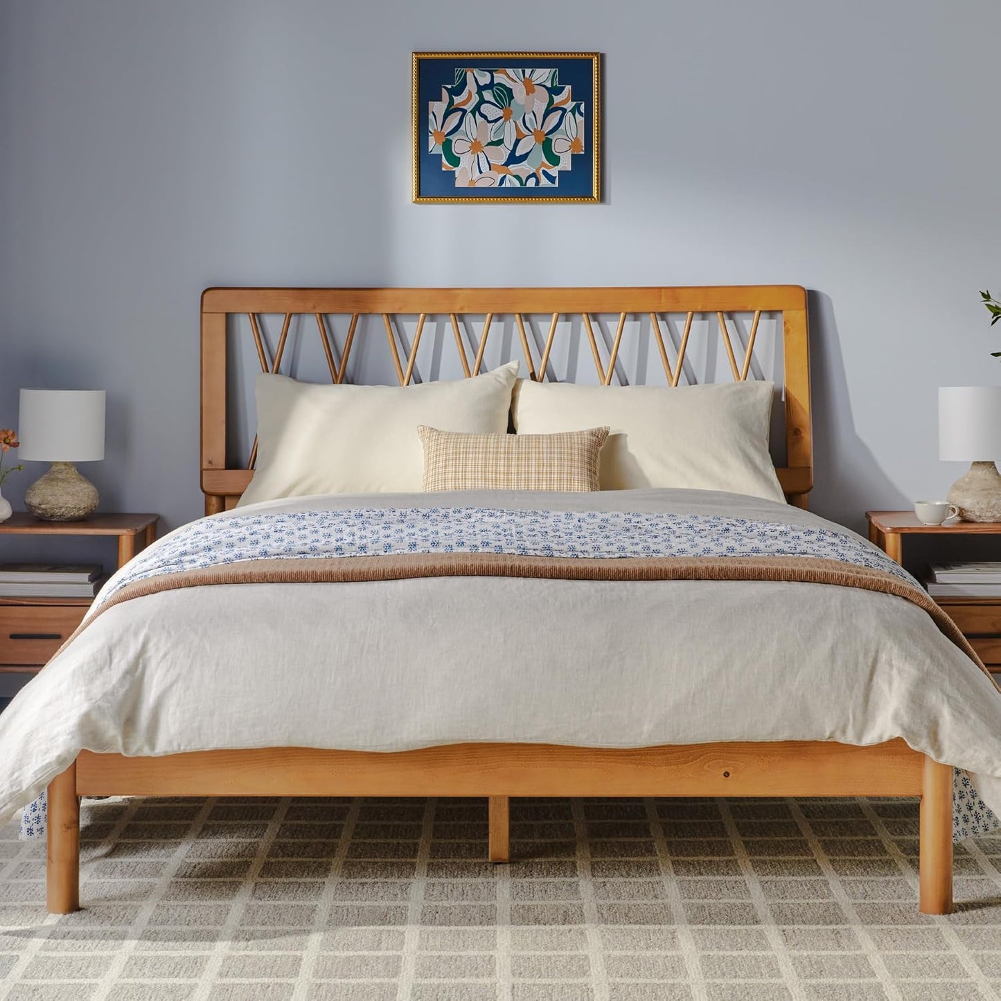 Queen Transitional Geometric X Pattern Headboard Solid Wood Bed, Queen Size, Caramel
