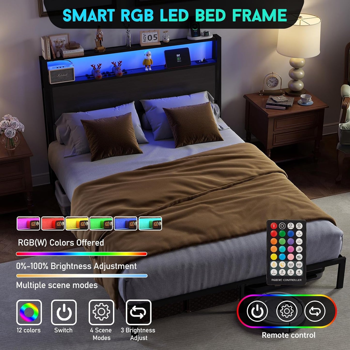 Queen Size Bed Frame with Headboard, Metal Platform Bed Frame with LED Lights & Charging Station, under Bed Storage, Solid and Stable, No Box Spring Needed, Noise Free, Easy Assembly, Dark Grey