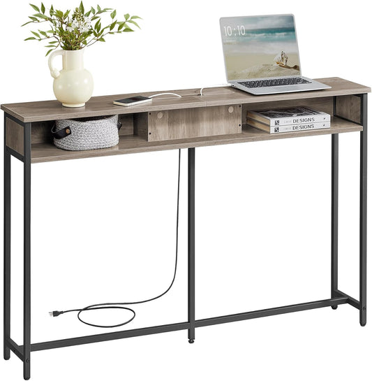 55.1-Inch Console Table with Outlet and Shelves, Sofa Table with Charging Station, behind Couch Table Skinny, Entryway Table for Hallway, Living Room, Heather Greige and Ink Black ULNT120K02