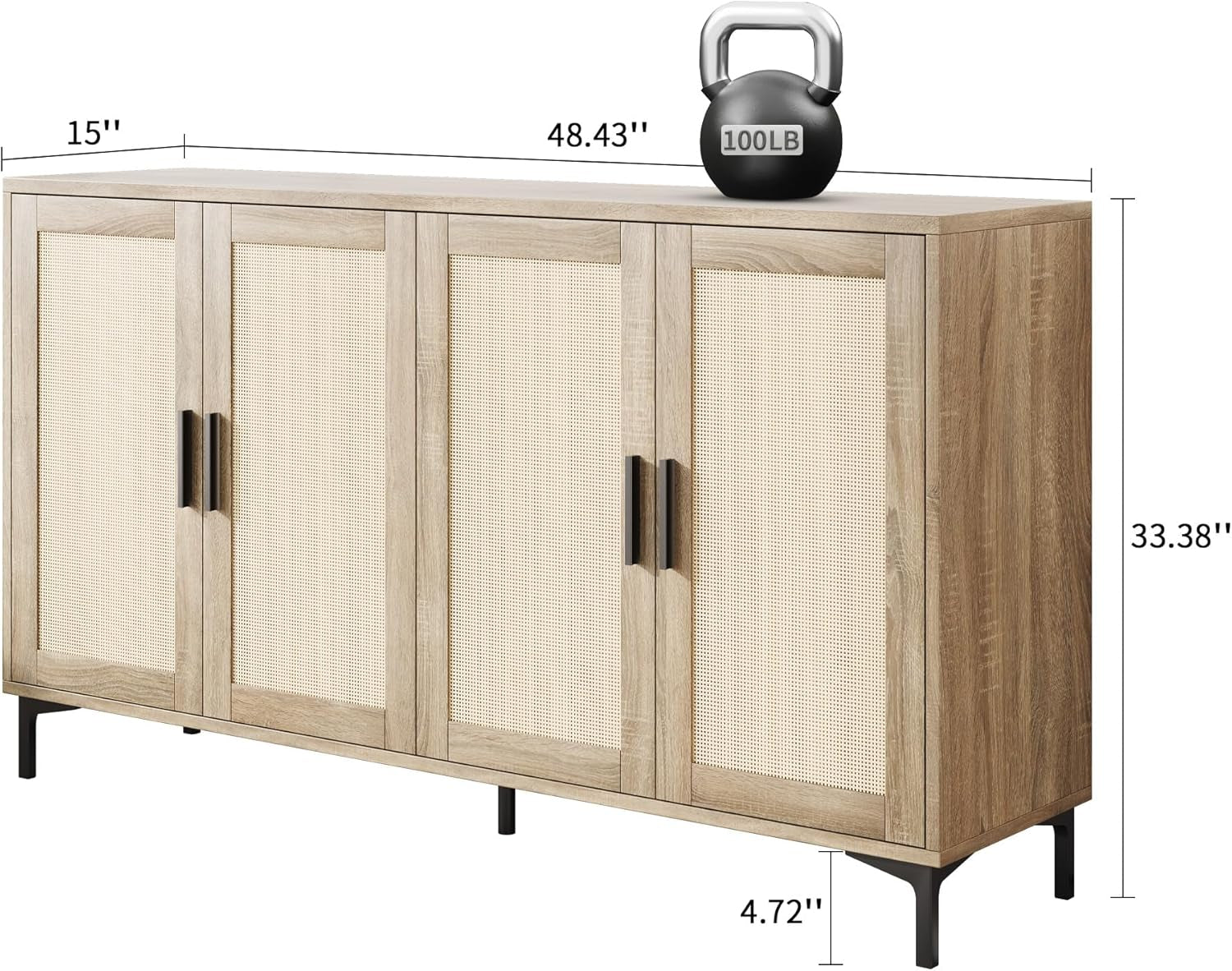 Buffet Cabinet with Storage, 48" Rattan Sideboard with Adjustable Shelves, Modern Coffee Bar Cabinet Console Table with Doors, Credenza for Kitchen, Living Room, Entryway, Dining Room, Wood