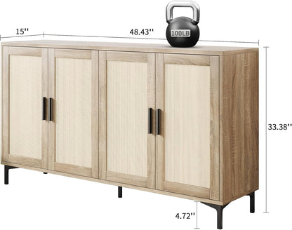 Buffet Cabinet with Storage, 48" Rattan Sideboard with Adjustable Shelves, Modern Coffee Bar Cabinet Console Table with Doors, Credenza for Kitchen, Living Room, Entryway, Dining Room, Wood