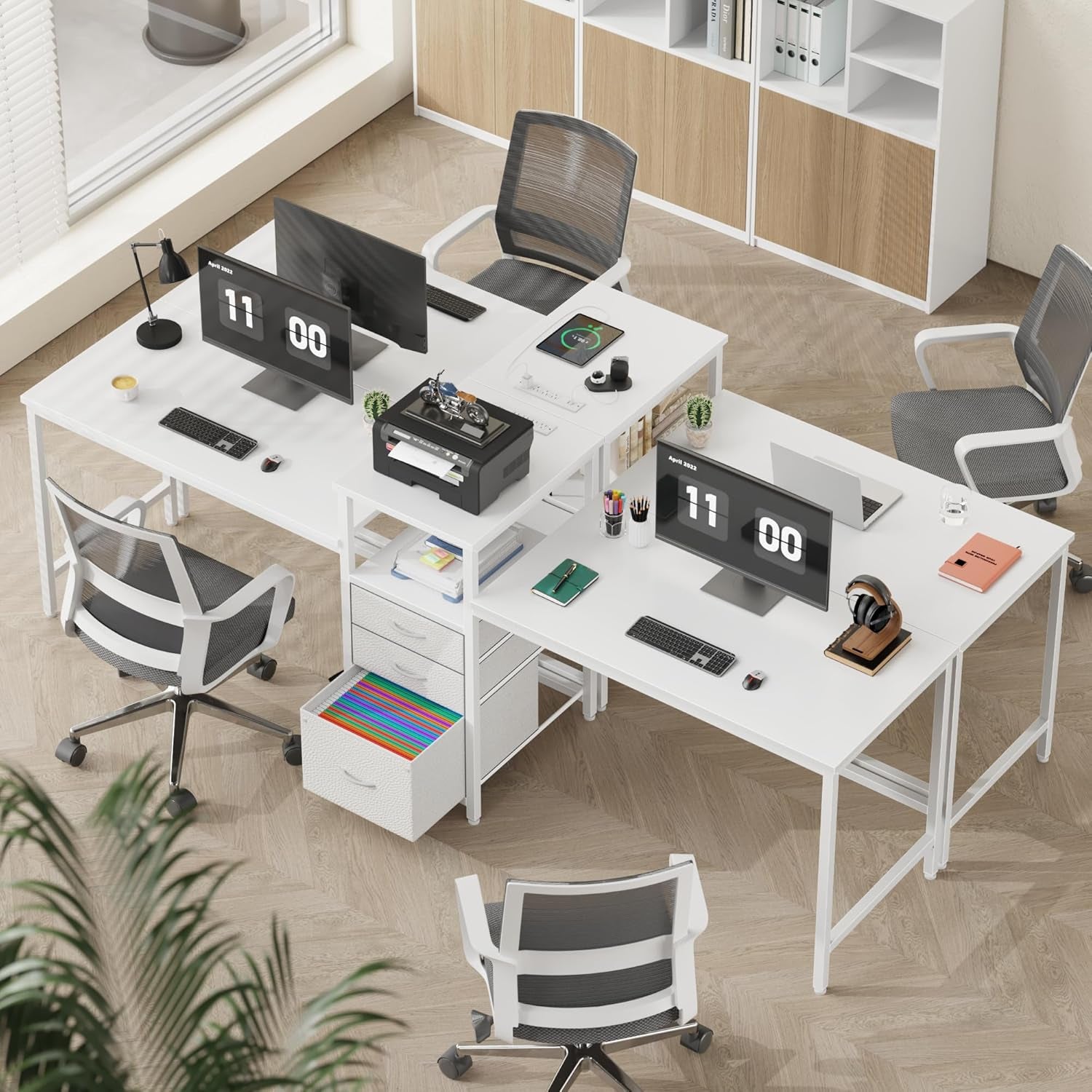 93'' Two Person Desk with Charging Station, Long Desk with 3 Drawers and Printer Shelf, Double Computer Desk, 2 Person Writing Study Table Workstation for Home Office, White