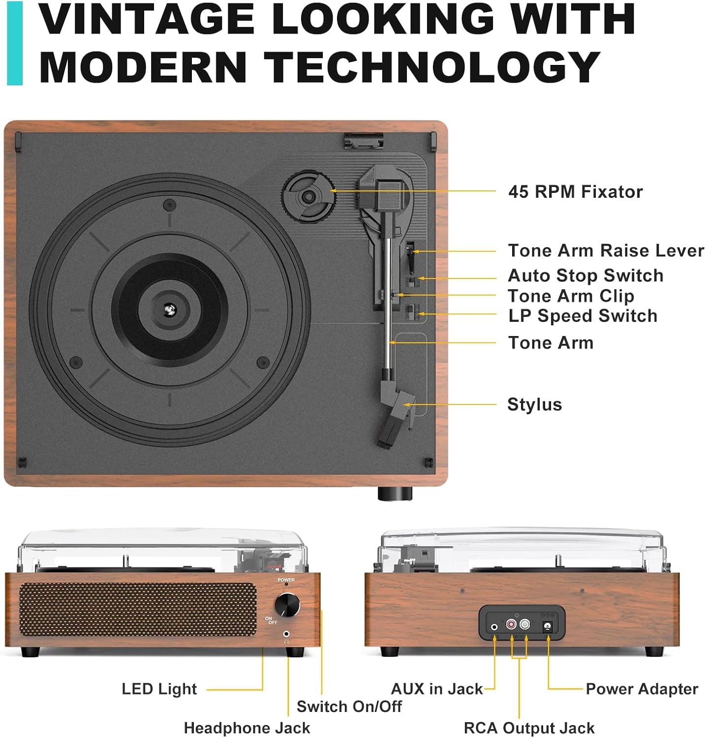 Vintage Record Players for Vinyl with Speakers Belt-Driven Retro Turntable LP Player Support 3-Speed, Bluetooth Playback, Aux-In, Headphone, RCA All-In-One Auto Stop Phonograph Wooden Brown