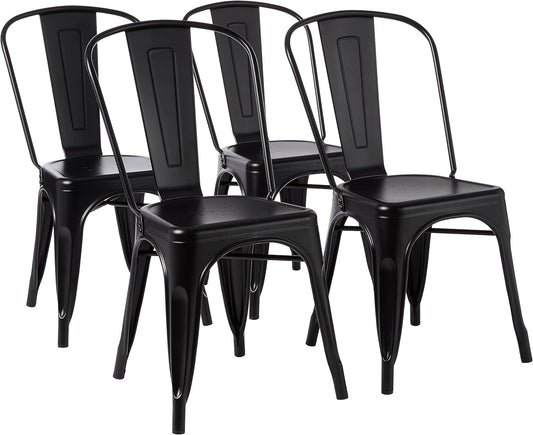 Metal Dining Chairs, Easy to Assemble, Indoor/Outdoor, Stackable, Matte Black, 4-Pack