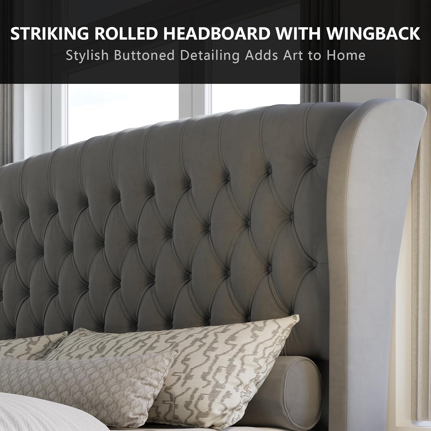 King Size Platform Bed Frame, Velvet Upholstered Sleigh Bed with Scroll Wingback Headboard & Footboard/Button Tufted/No Box Spring Required/Grey